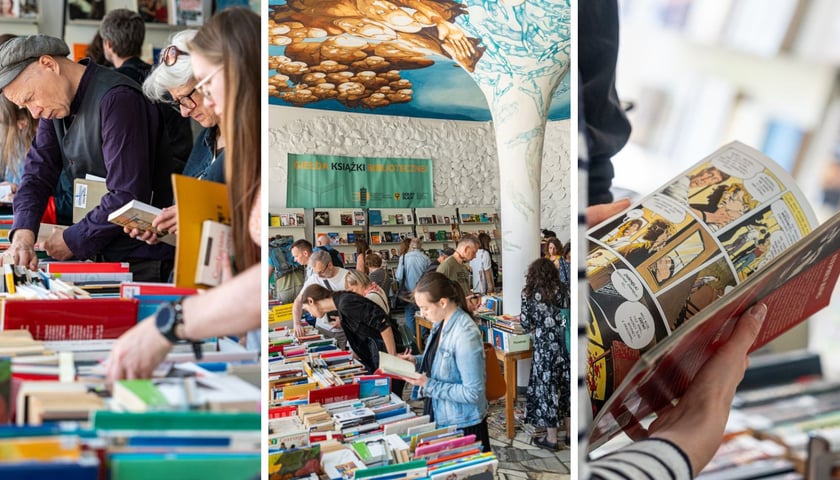 Kolaż trzech zdjęć - na wszystkich czytelnicy przeglądający książki i inne zbiory wystawione na sprzedaż w Dolnośląskiej Bibliotece Publicznej w rynku