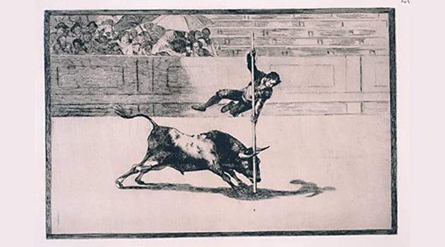 Francisco Goya, "Zręczność i zuchwałość Juanito Apinani na arenie w Madrycie", akwaforta, akwatinta i sucha igła