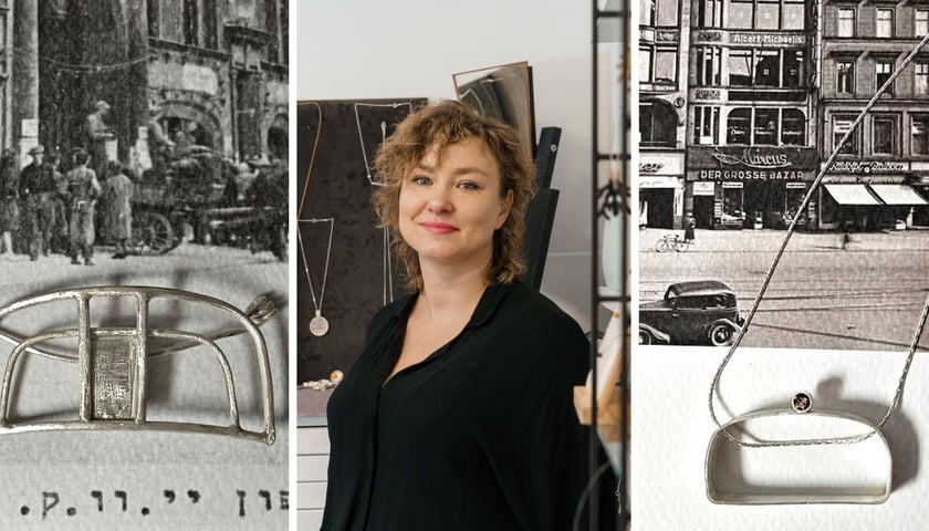 Kolaż trzech zdjęć – z lewej i z prawej zdjęcie biżuterii Dominiki Kuźniar inspirowanej architekturą Wrocławia, w środku portret projektantki w jej pracowni