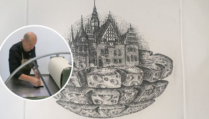Kolaż dwóch zdjęć – na większym grafika „Warstwy Wrocławia” prof. Przemysława Tyszkiewicza do wygrania w konkursie