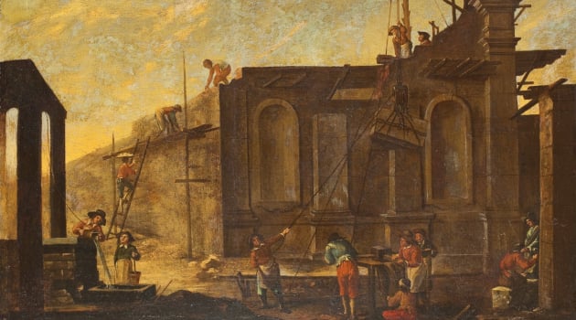 Budowa pałacu, malarz nieznany, Włochy XVIII wiek