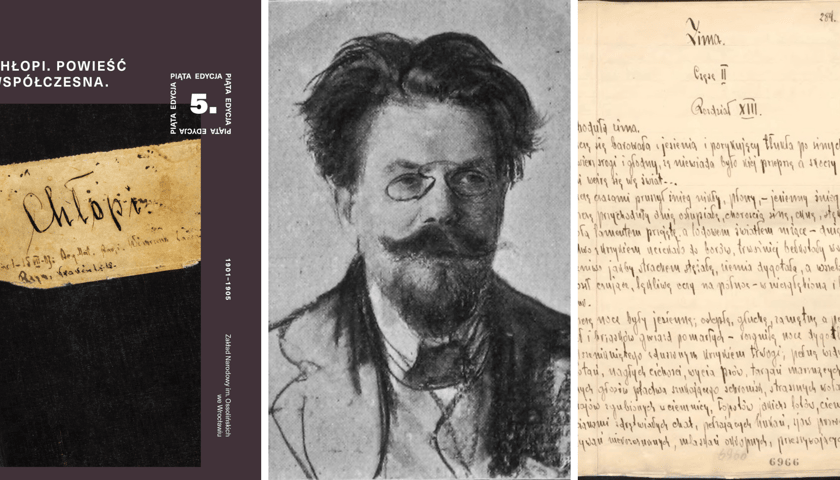 W środku portret Władysława Reymonta autorstwa Leona Wyczółkowskiego, z lewej fragment rękopisu "Chłopów", z prawej rękopis części "Chłopów pt. "Zima"