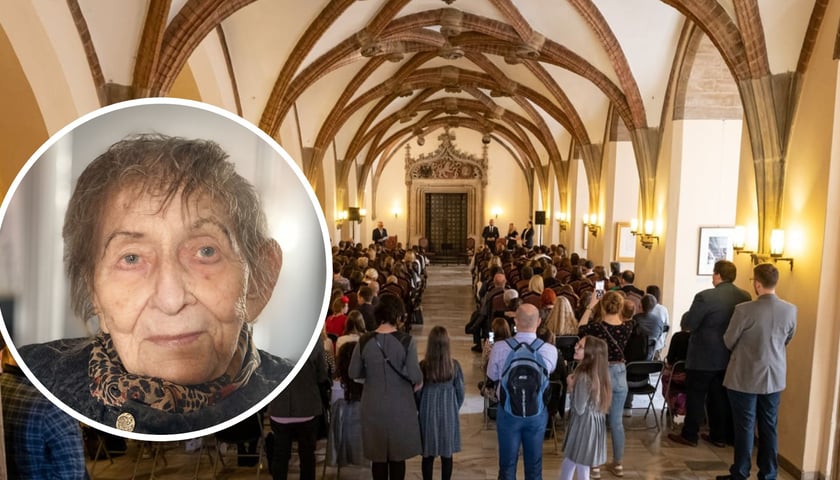 Kolaż dwóch zdjęć – Sala Wielka ratusza, w kółku – zdjęcie Urszuli Kozioł