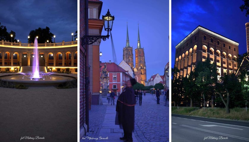 Trzy zdjęcia Wrocławia nocą – od lewej Bastion Sakwowy, Ostrów Tumski i MPWiK-wieża ciśnień
