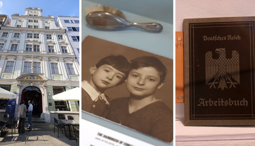 Kolaż trzech zdjęć – kamienica, w której mieści się Dom dla kultury Op enheim, zdjęcie dzieci zabrane przez Breslauerów, książeczka pracy jednego z Breslauerów z okresu III Rzeszy