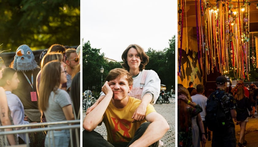 Kolaż 3 zdjęć – z lewej maskotki festiwalowe człowiek-gołąb, w środku Oxford Drama, z prawej ludzie podczas Festiwalu WROsound