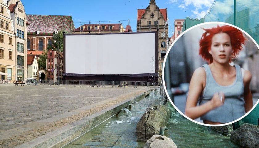 Kolaż dwóch zdjęć - na dużym – ekran Festiwalu Nowe Horyzonty 2024 gotowy na rynku, na małym – Franka Potente w filmie „Biegnij, Lola, biegnij”, który obejrzymy w rynku
