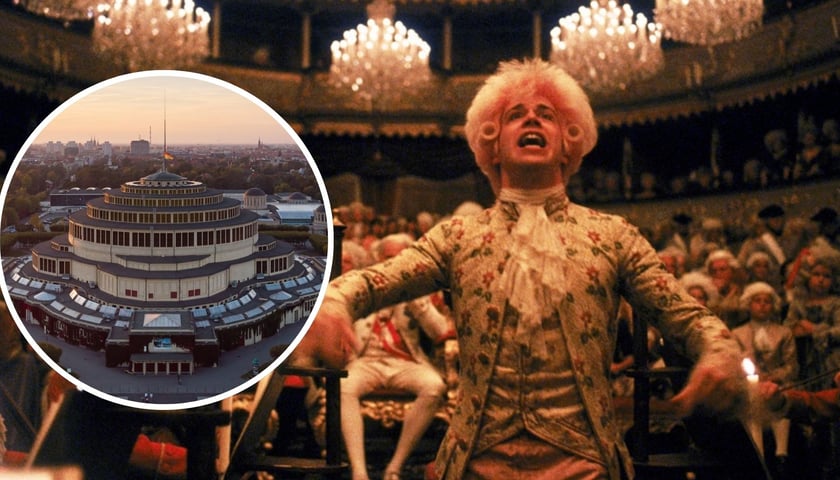 Kolaż dwóch zdjęć – na większym Tom Hulce jako Mozart w „Amadeuszu”, na mniejszym Hala Stulecia
