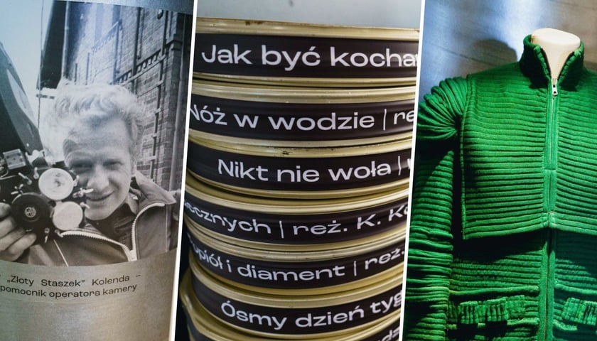 Kolaż trzech zdjęć – od lewej legenda wytwórni – Stanisław Kolenda, wózkarz, pomocnik operatora, w środku puszki ze słynnymi filmami kręconymi we Wrocławiu, z prawej kostium z filmu „Na srebrnym globie” w reż. Andrzeja Żuławskiego