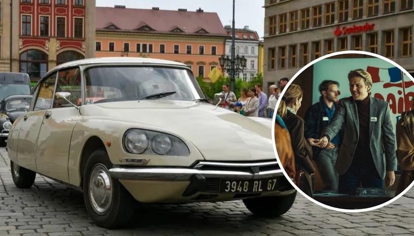 Kolaż dwóch zdjęć – na większym stary model citroena na wrocławskim rynku na planie filmu, na mniejszym Jakub Gierszał jako Hans