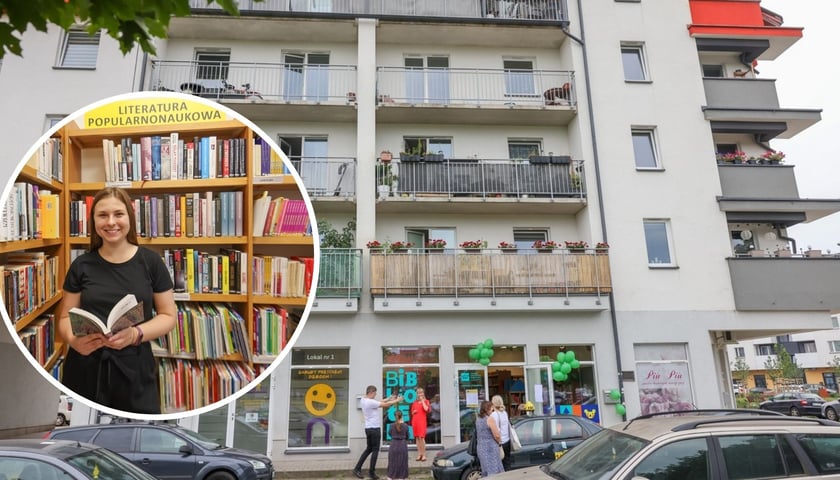 Kolaż dwóch zdjęć – na większym budynek przy Wietnamskiej 3/2, w którym mieści się biblioteka, na mniejszym zdjęciu kobieta z książką przy półce bibliotecznej
