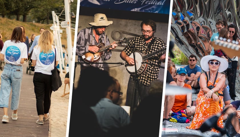 Kolaż trzech zdjęć – kobiety w koszulkach Vertigo Summer Blues Festival w Marinie, muzycy grający w Vertigo Jazz Club & Restaurant, publiczność festiwalu na Wyspie Daliowej  