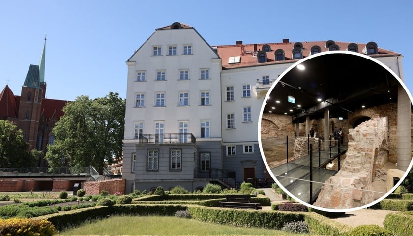 Dom Notre Dame na Ostrowie Tumskim (duże zdjęcie) i relikty średniowiecznego zamku (zdjęcie w kółku)