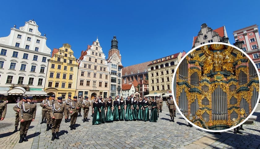 Na głównym zdjęciu Orkiestra Reprezentacyjna Wojsk Lądowych we Wrocławiu i Chór Uniwersytetu Przyrodniczego w rynku, w kółku organy w bazylice św. Elżbiety