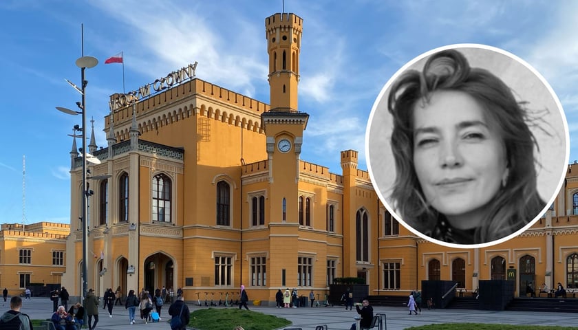 W tle: dworzec główny we Wrocławiu, w kółku: aktorka Kamilla Baar