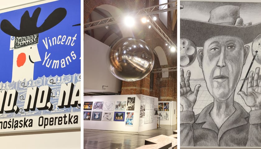 Kolaż trzech zdjęć, na dwóch skrajnych prace prof. Michała Jędrzejewskiego, w środku widok na wystawę w Muzeum Architektury