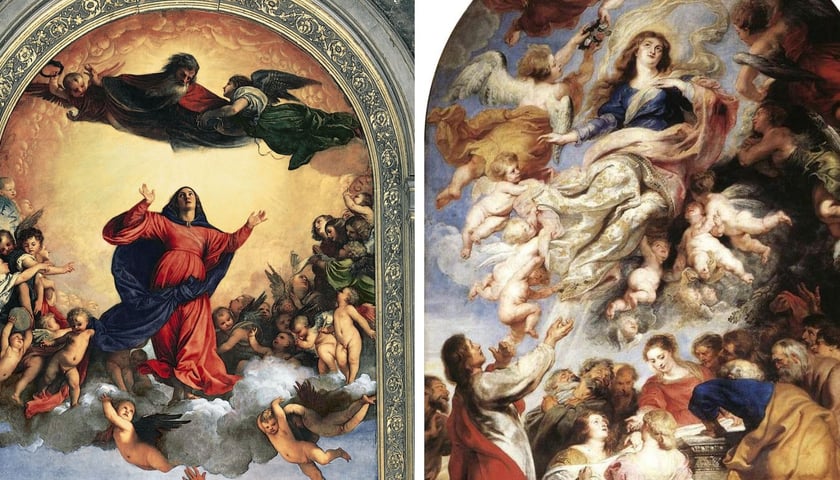 Po lewej:  Tycjan, "Wniebowzięcie...", 690 x 360 cm, olej na desce, 1518 // po prawej: Rubens, "Wniebowzięcie...", 490 x 325 cm, olej na panelu, 1626