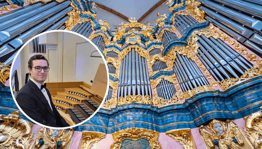 Organista Krzysztof Bas siedzi przed organami (zdjęcie w kółku); organy Englera w bazylice św. Elżbiety (zdjęcie główne)