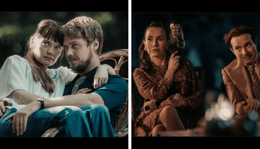 Kadr z filmu "Simona Kossak". Od lewej: aktorka Sandra Drzymalska (Simona Kossak) siedzi na kolanach Jakuba Gierszała (Lech Wilczek), obok Olga Bołądź i Dariusz Chojnacki w rolach Hanny i Antoniego Gucwińskich.