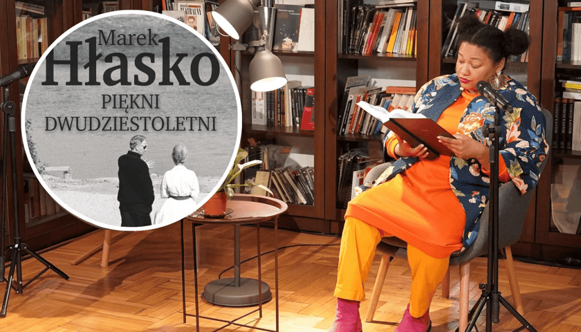 Na zdjęciu Emose Uhunmwangho czyta książkę podczas jednego z Wrocławskich Maratonów Czytelniczych, w kółku okładka autobiografii Marka Hłaski