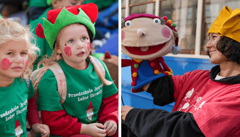 Z lewej dwie dziewczynki w czapkach na Wrocławskim Festiwalu Krasnoludków, obok młoda dziewczyna w czapce z maskotką.