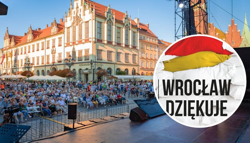 Na głównym zdjęciu scena muzyczna w rynku, na małym zdjęciu fragment plakatu koncertu z nazwą „Wrocław dziękuje” 