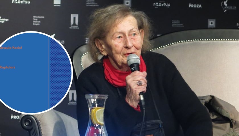 Na zdjęciu dużym Urszula Kozioł podczas spotkania autorskiego w Klubie Proza, na małym zdjęciu fragment okładki nagrodzonego Nike tomu „Raptularz”