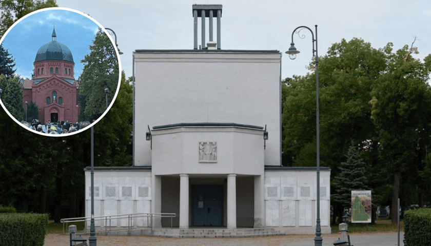 Kaplica cmentarna projektu Maksa Berga na cmentarzu na Osobowicach (zdjęcie główne). Kaplica na cmentarzu na Grabiszynku (zdjęcie w kółku) 
