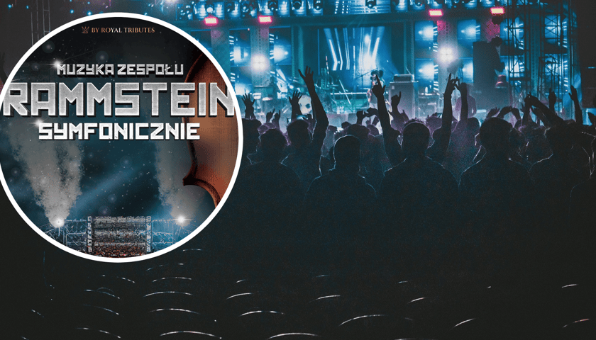 Publiczność na koncercie (zdjęcie ilustracyjne). Na zdjęciu w kółku  fragment plakatu z napisem - Muzyka zespołu Rammstein Symfonicznie