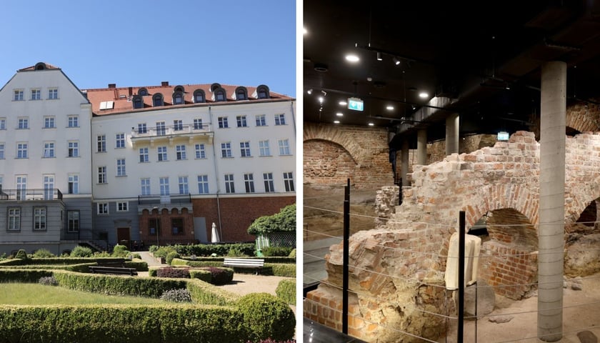 Dwa zdjęcia – z lewej Dom Notre Dame na Ostrowie (w podziemiach znajdują się relikty dawnego zamku), z prawej ekspozycja do zwiedzania