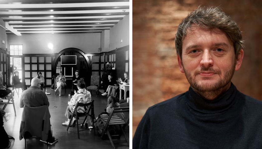 Z lewej - uczestnicy kursu teatru dokumentalnego w Instytucie im. Jerzego Grotowskiego. Z prawej - Jakub Tabisz 