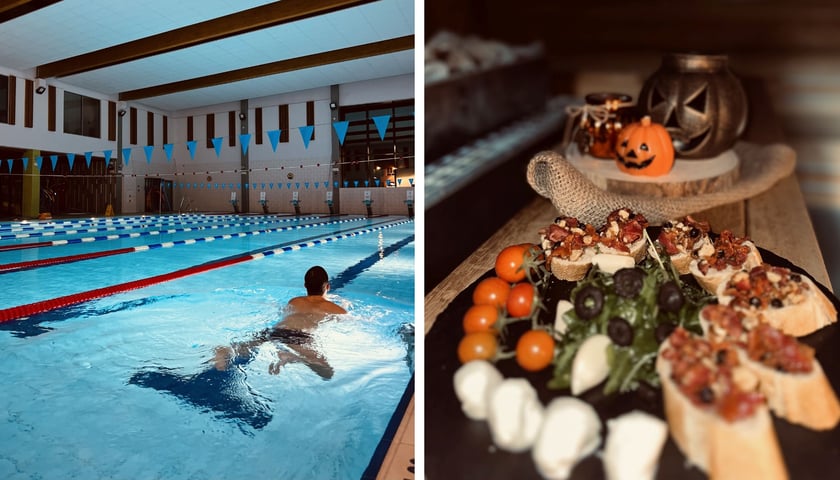 Z lewej pływak w aquaparku, obok halloweenowy poczęstunek