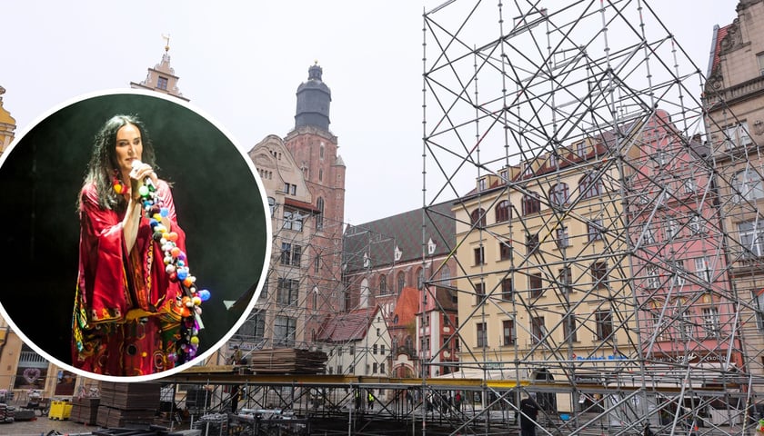 Na zdjęciu dużym montowanie sceny w rynku na koncert 11 listopada, na zdjęciu małym śpiewająca Kayah