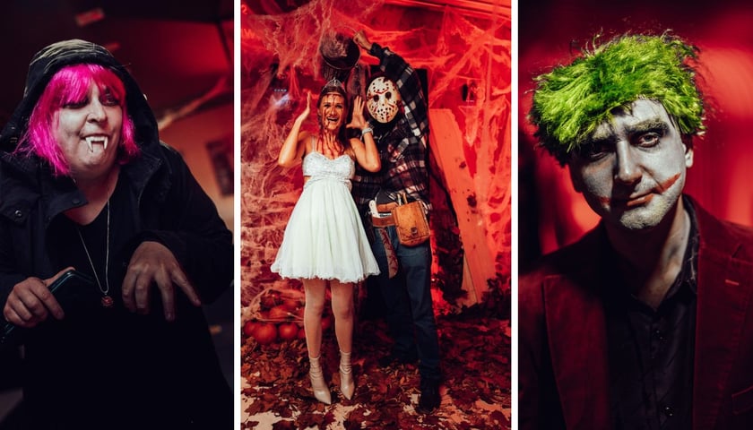 Zestaw trzech zdjęć, na każdym osoby przebrane w stylu Halloween