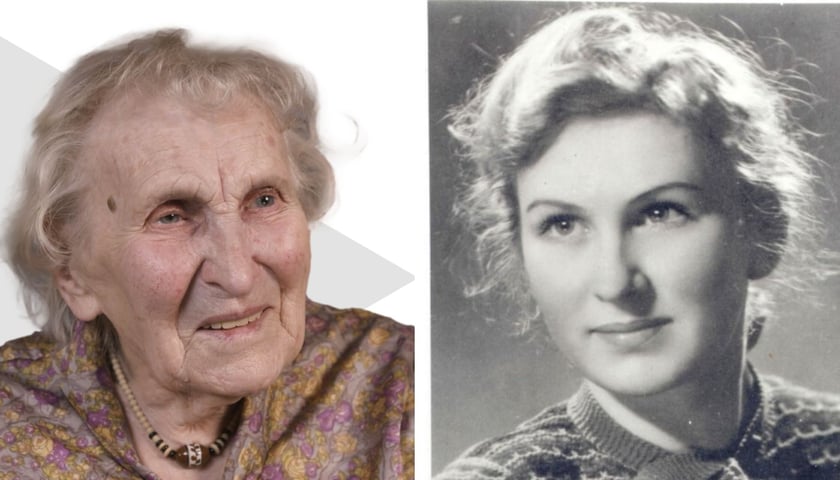 Dwa zdjęcia portretowe tej samej kobiety: po lewej Barbara Gancarczyk w wieku 100 lat, po prawej Barbara Piotrowska w młodym wieku