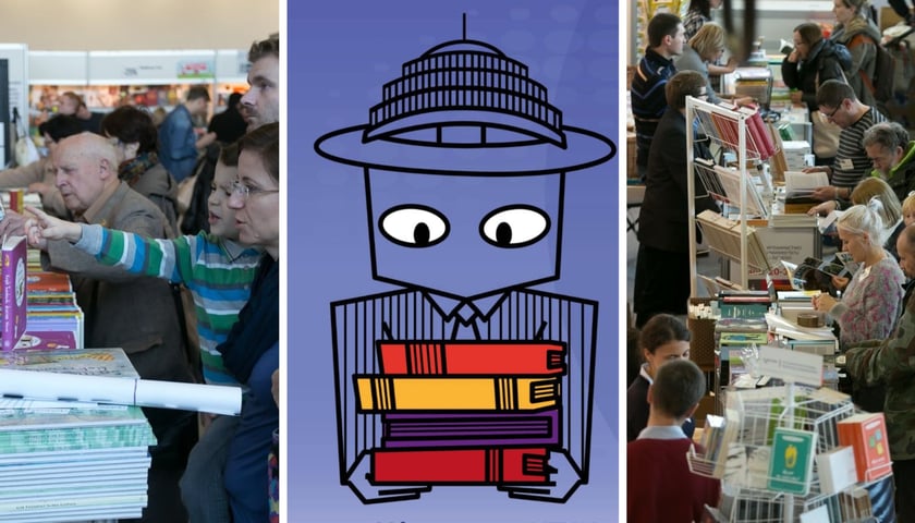 Na trzech zdjęciach ludzie odwiedzający targi książki w Hali Stulecia i grafika WTDK