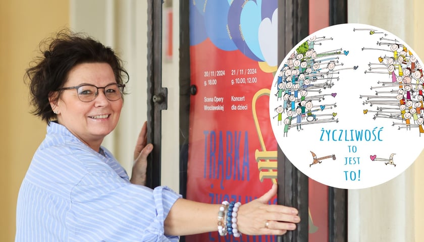 Na dużym zdjęciu Dorota Sosna z Opery Wrocławskiej z plakatem wydarzenia „Trąbka życzliwości”, na małym zdjęciu fragment tegorocznego plakatu Dnia Życzliwości