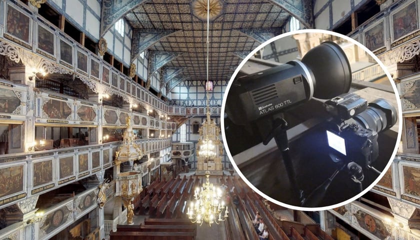 Wnętrze Kościoła Pokoju w Jaworze, zabytku z Listy Światowego Dziedzictwa UNESCO, w kółeczku digitalizacja Kościoła Pokoju w Jaworze