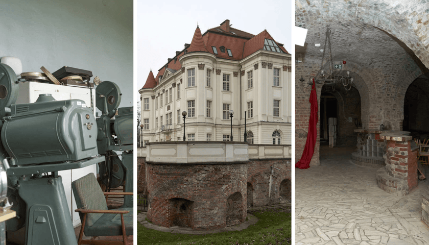 Wnętrza Zamku w Leśnicy - od lewej: miejsce, gdzie stoi projektor filmowy, w środku zamek z zewnątrz, a na zdjęciu po prawej - podziemia zamku