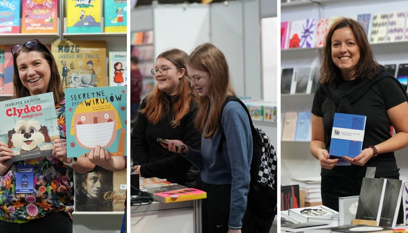 Trzy zdjęcia – od lewej wydawcy z Wydawnictwa Sonia Draga z nowościami dla dzieci, nastoletnie czytelniczki, Joanna Majek z Państwowego Instytutu Wydawniczego z nagrodzonym Nike tomem poezji Urszuli Kozioł