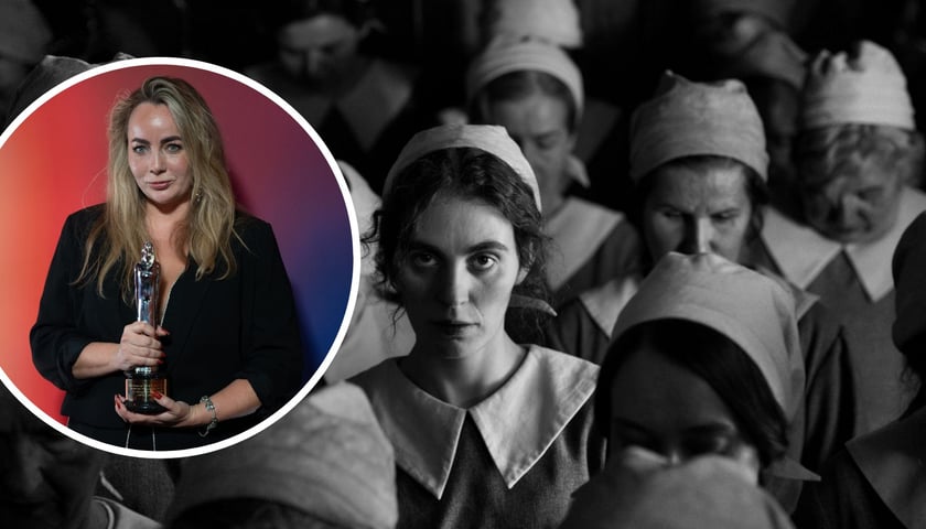 Kolaż dwóch zdjęć, na większym kadr z filmu „Dziewczyna z igłą”, na mniejszym Jagna Dobesz z Excellance Award