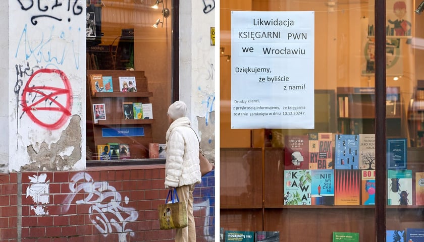 Po lewej: kobieta patrząca przez okno na regał z książkami, po prawej: naklejona na szybę kartka ze słowami "Likwidacja KSIĘGARNI PWN we Wrocławiu"