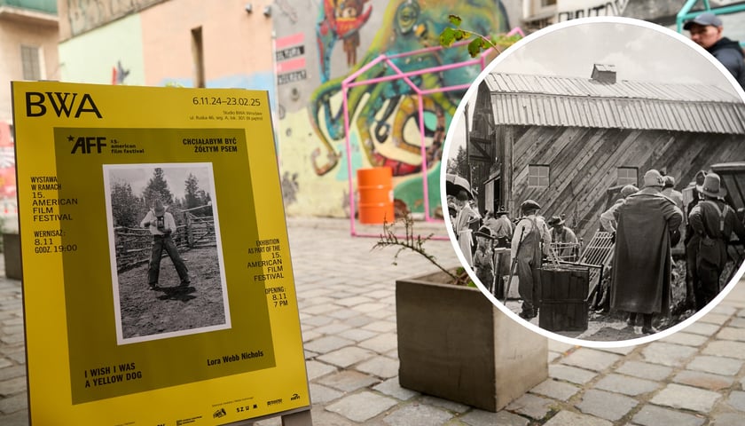 Plakat BWA z czarno białym zdjęciem, po prawej powiększenie