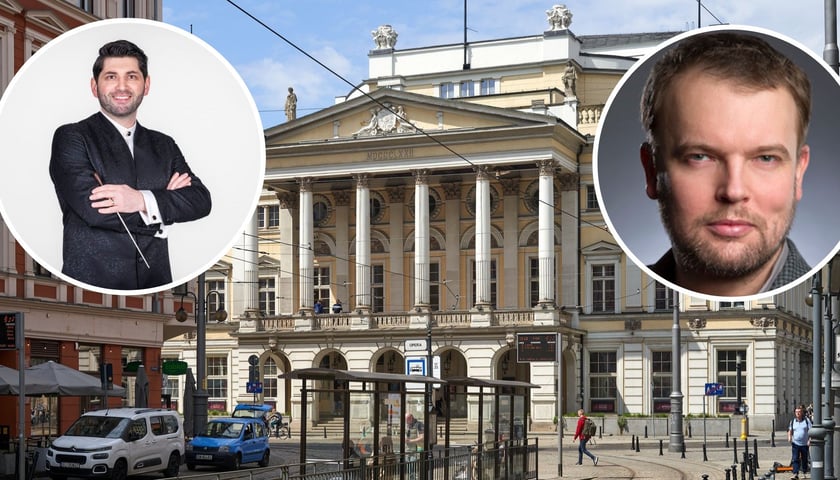Na zdjęciu dużym gmach Opery Wrocławskiej, w dwóch kółkach – Mirian Khukhunaishvili (z lewej), Tomasz Konieczny (z prawej)