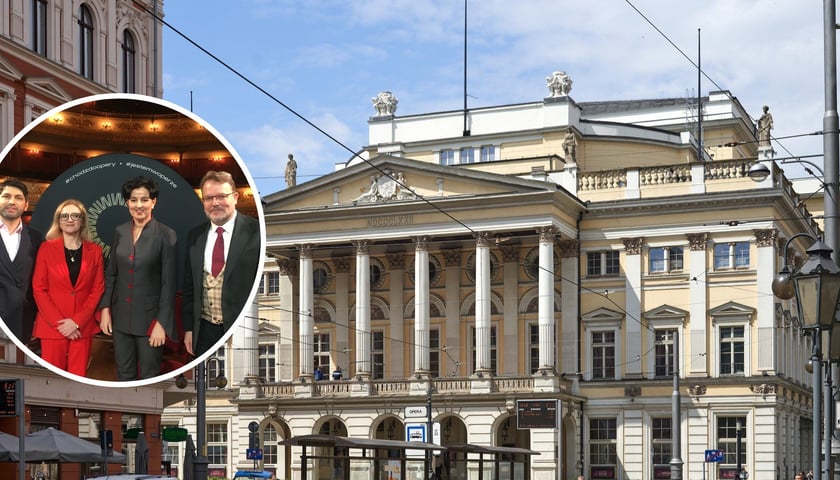 Na zdjęciu dużym gmach Opery Wrocławskiej, na małym nowy zespół kierujący Operą Wrocławską – od lewej Mirian Khukhunaishvili, Izabela Piekielnik, Agnieszka Franków-Żelazny, Tomasz Konieczny
