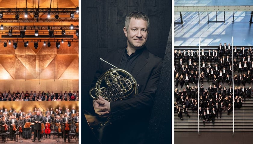 Od lewej na trzech zdjęciach Orkiestra Filharmonii w Szczecinie, Stefan Dohr, NFM Filharmonia Wrocławska
