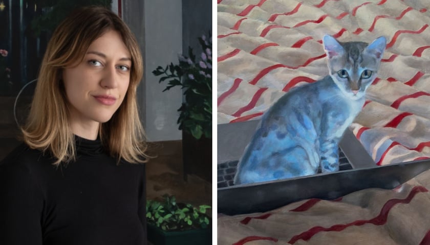 Kolaż dwóch zdjęć – malarka Paulina Rega i namalowany przez nią obraz kota