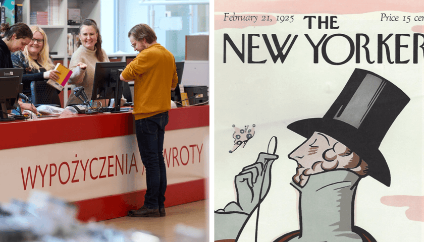 Kolaż 2 zdjęć" z lewej wnętrze Mediateki we Wrocławiu, z prawej okładka magazynu The New Yorker z 1925 roku