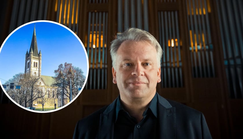 Na dużym zdjęciu prof. Marek Stefański przy organowych piszczałkach, w małym kółku zdjęcie kościoła św. Karola Boromeusza przy ul. Kruczej 