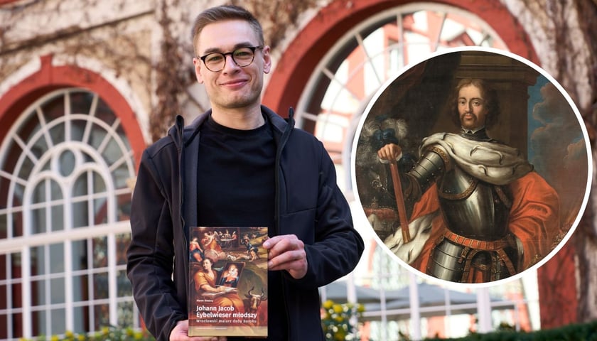Na dużym zdjęciu Marek Kwaśny, autor książki o Johannie Jacobie Eybelwieserze młodszym w Ossolineum, na małym zdjęciu w kółku portret księcia Henryka Pobożnego pędzla Eybelwiesera 